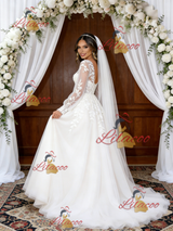 White Tulle Appliques Long Sleeve V-neck Wedding Dress