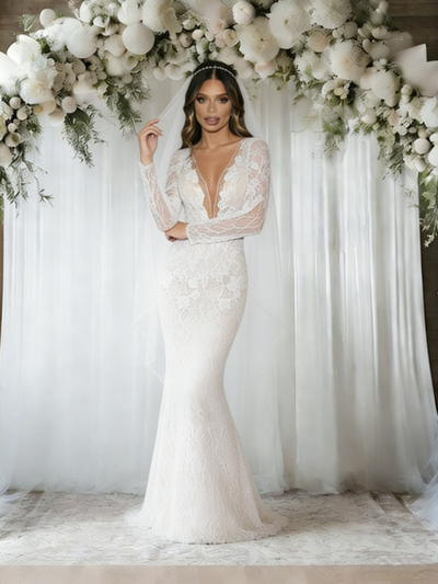 White Mermaid Lace V-neck Wedding Dress