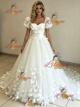 White Tulle Puff Sleeve Butterfly Wedding Dress
