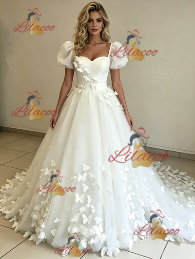 White Tulle Puff Sleeve Butterfly Wedding Dress