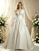 Ivory Satin Long Sleeve Backless Lace Wedding Dress