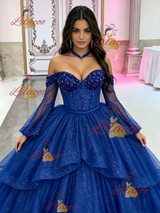 Blue Long Sleeve Sequins Beading Quinceanera Dress