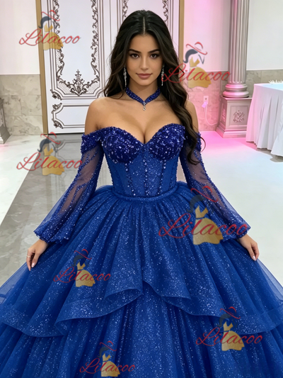 Blue Long Sleeve Sequins Beading Quinceanera Dress
