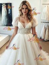 White Tulle V-neck Puff Sleeve Wedding Dress