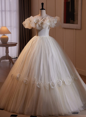 White Tulle 3D Flower Wedding Dress
