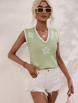 Printed V-neck Sleeveless Flowers Sweater