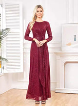 Burgundy Sequins Long Sleeve Prom Dress