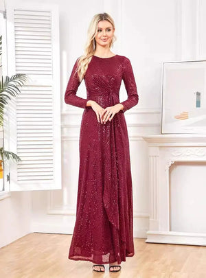 Burgundy Sequins Long Sleeve Prom Dress