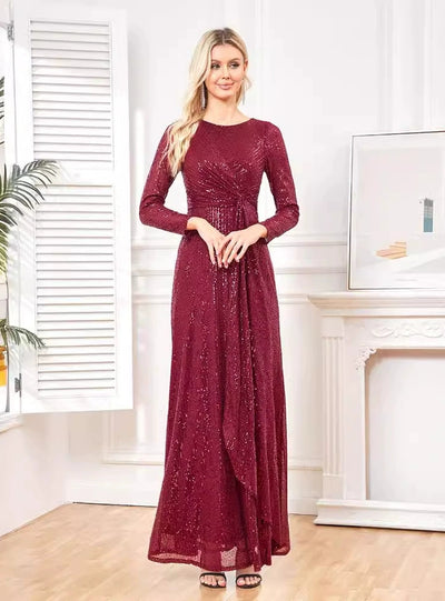 Burgundy Sequins Long Sleeve Prom Dress