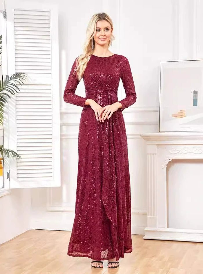 Burgundy Sequins Long Sleeve Prom Dress