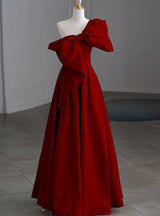 Burgundy Satin One Shoulder Bow Prom Dress