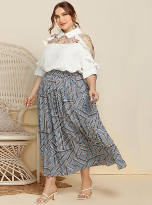 Geometric Printed Pleated Shirt Skirt Top Piece Suit