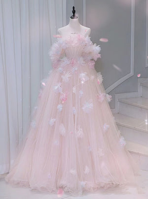 Pink Tulle Off the Shoulder 3D Flower Prom Dress