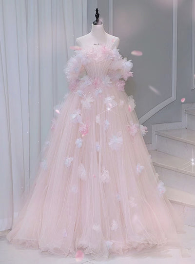 Pink Tulle Off the Shoulder 3D Flower Prom Dress