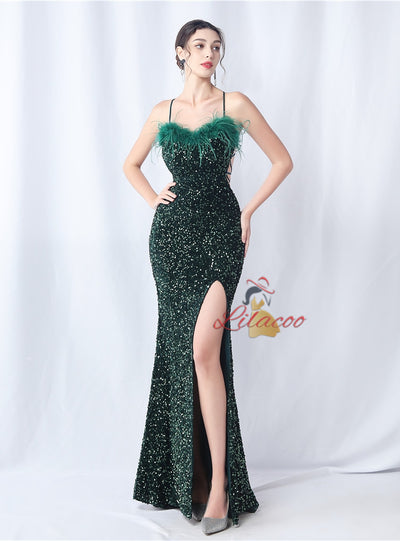 Mermaid Sequins Spaghetti Straps Backless Prom Dress