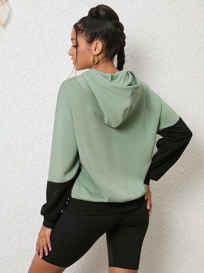 Contrast Hooded Round Neck Pullover Long Sleeve Top