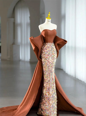 Brown Mermaid Strapless Sequins Satin Prom Dress