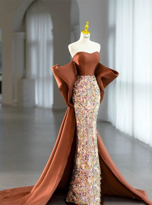 Brown Mermaid Strapless Sequins Satin Prom Dress