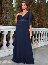 Navy Blue Chiffon V-neck Prom Dress