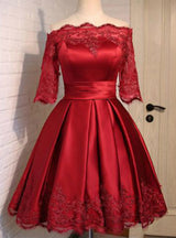 Burgundy Satin Short Sleeve Appliques Homecoming Dress