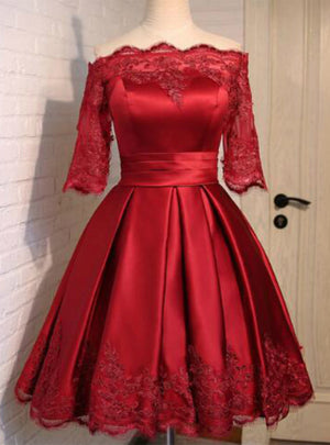 Burgundy Satin Short Sleeve Appliques Homecoming Dress