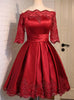 Burgundy Satin Short Sleeve Appliques Homecoming Dress