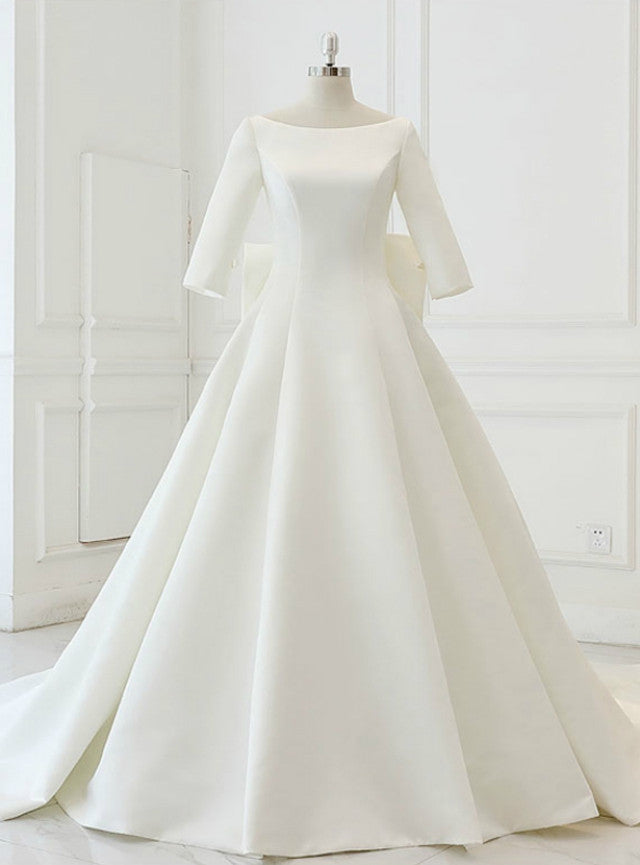 White Satin Short Sleeve Bow Wedding Dress