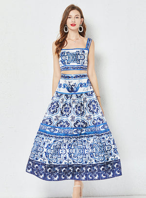 Porcelain Printed Top+Pleated Skirt Two-Piece Suit