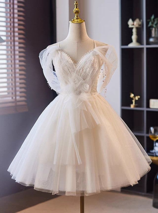 White Tulle Lace Pleats Wedding Dress