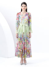 Bow Printed Chiffon Shirt+Skirt Suit