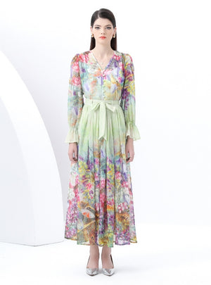 Bow Printed Chiffon Shirt+Skirt Suit