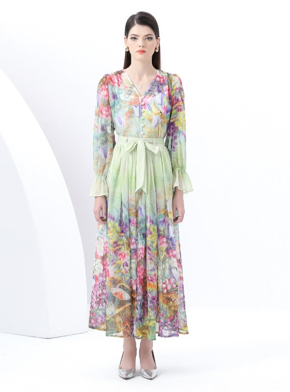 Bow Printed Chiffon Shirt+Skirt Suit