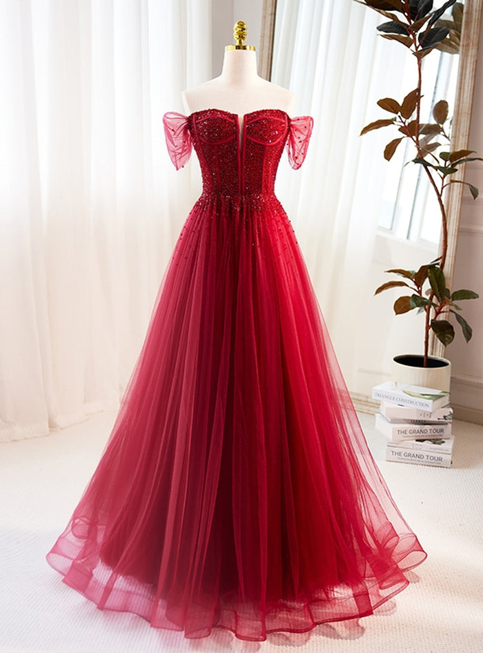 Tulle Off the Shoulder Beading Prom Dress