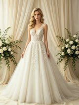 Beige White Tulle Appliques Wedding Dress