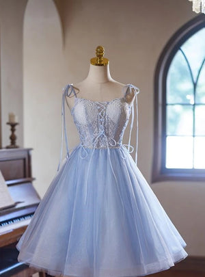 Blue Tulle Lace Straps Homecoming Dress
