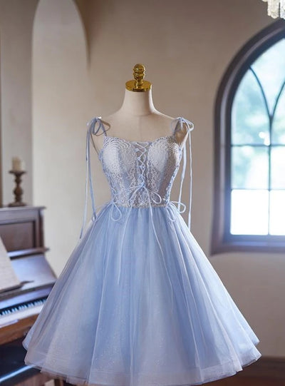 Blue Tulle Lace Straps Homecoming Dress