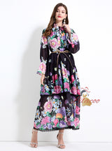 Horn Sleeve Button Printed Long Dress