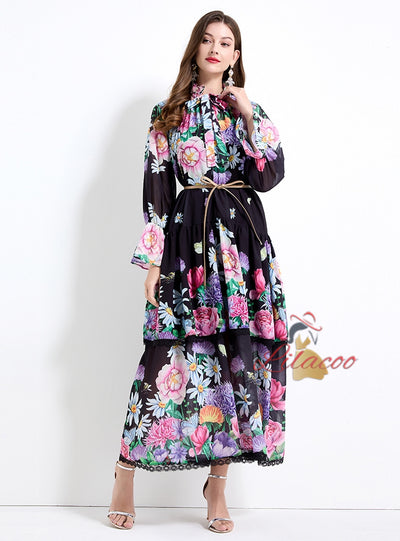 Horn Sleeve Button Printed Long Dress