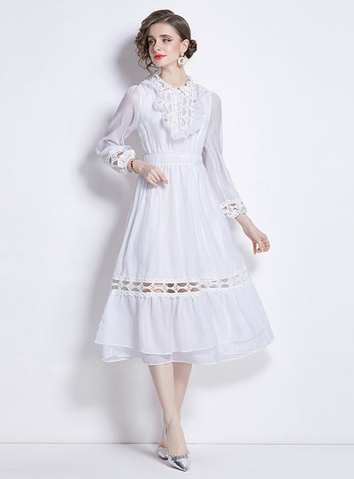 Lapel Lantern Long Sleeve Wooden Ear Hollow Dress