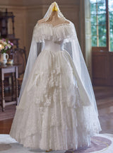 Vintage White Lace Tiers Off the Shoulder Wedding Dress