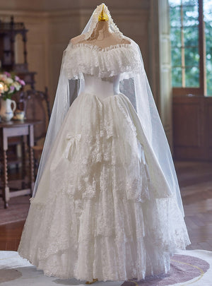 Vintage White Lace Tiers Off the Shoulder Wedding Dress