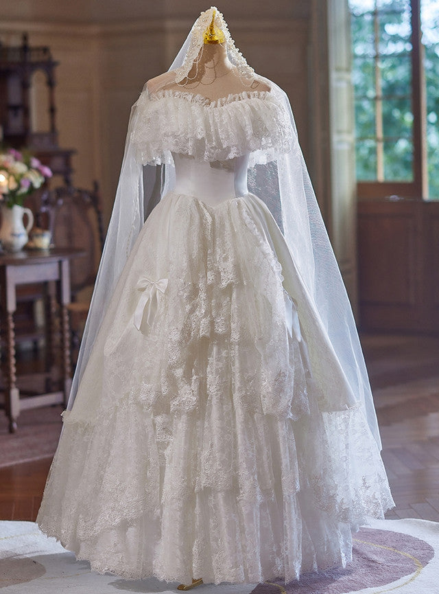 Vintage White Lace Tiers Off the Shoulder Wedding Dress