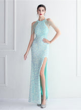 Halter Mermaid Sequins Split Beading Prom Dress