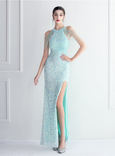Halter Mermaid Sequins Split Beading Prom Dress