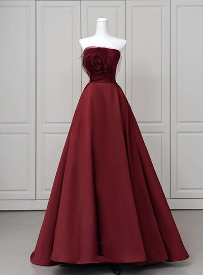 Burgundy Satin Strapless Prom Dress