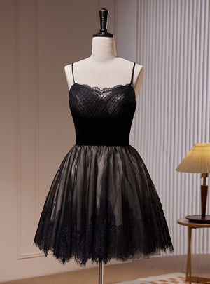 Black Tulle Lace Straps Homecoming Dress