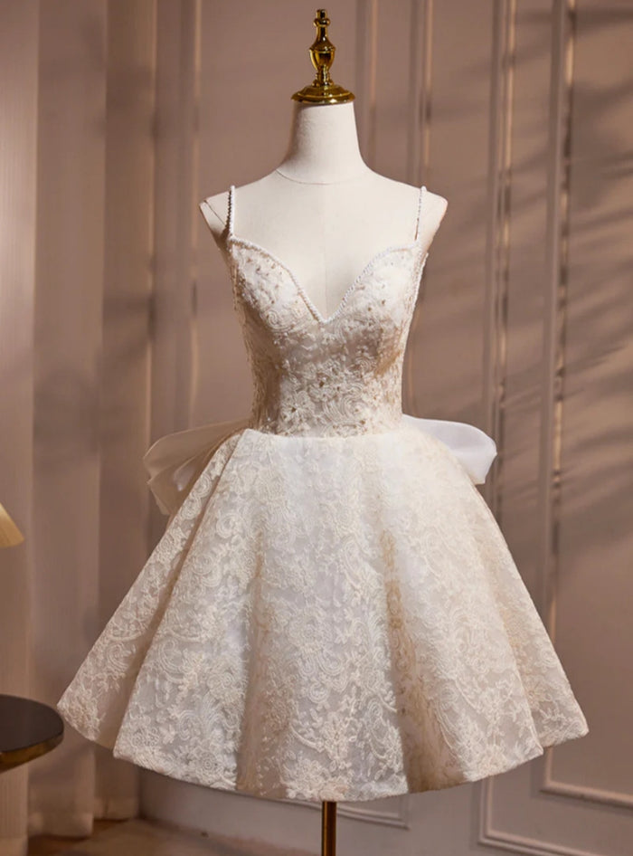 Ivory Lace Spaghetti Straps Homecoming Dress