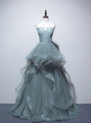 Green Tulle Spaghetti Straps Prom Dress