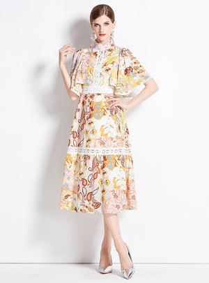 Lotus Leaf Sleeve Slim Waist Print Dress
