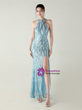 Halter Mermaid Sequins Backless Prom Dress